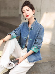 New Chinese Style Womens Denim Jacket Autumn 2025 New Fashion Retro Button Embroidery Spring Autumn Top Womens Clothing