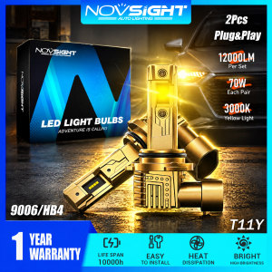 Novsight T11Y 9006 HB4 LED Headlight Bulb 3000K Yellow Light Super Bright LED Lights for Car Low Beam Fog Light 70W 12000LM Mini 1:1 Plug&Play 2PCS