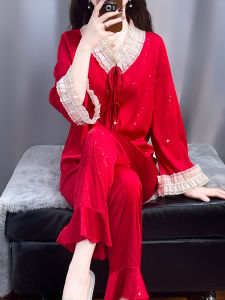 2025 New Red Silk Pajamas Set for Women Sweet Home Clothes Spring Autumn Long Sleeve V-Neck Sleepwear Comfortable Home Suit