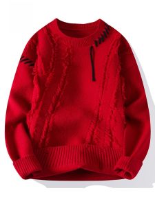 ROMON | Red Thickened Round Neck Knitted Sweater For Men By Romon Fashionable Winter Casual Wear Suitable For The Year Of The Dragon