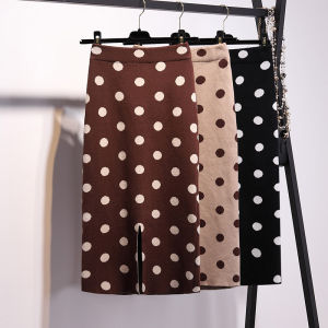 Polka Dot Knitted Mid-Length A-Line Skirt Womens Spring Autumn Winter New Style High Waist Wrap Body Skirt Commute Style