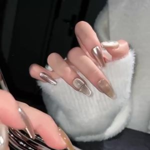 100% HANDMADE Artificial Nail Nude Metallic Mirrored Cat Eye Simple Oatmeal Iron Phototpy Nails Reusable and Removable Nails