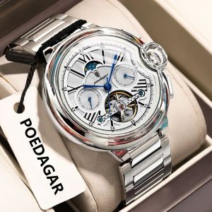 Đồng Hồ Nam Cao Cấp POEDAGAR Tourbillon Ngày Tuần Thép Không Gỉ Đồng Hồ Cơ Tự Động Chống Nước Quân Sự Với Các Dấu Số Ả Rập