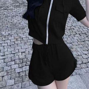 Zipper Hoodie Womens Outfit Summer New Age Reduction Casual Shorts Two-Piece Set Polyester Fiber Short Sleeve Zipper Hooded