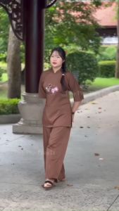 Đồ lam đi chùa nữ đẹp chất LỤA CHÉO Ý thêu tâm an phối sen cao cấp Thiên Di pháp phục lễ chùa D14