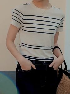 FRAN Korean Style Striped T-Shirt: A Round Neck Knit Top for Women