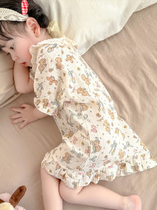 Girls Summer Lightweight Pure Cotton Short Sleeve Sleepwear Onesie Cute Princess Style Gauze Robe Baby Home Clothes Kids