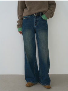 Haverice Casual Straight Leg Jeans Loose Fit Washed Blue Tone Versatile Fashionable Womens Jeans Deep Blue Natural Waist Long Pants