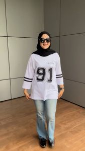 NARAGU - Baju Kaos Angka Baseball wanita Number 91 Lengan 7 8 Oversize Atasan Sporty Hijab Friendly