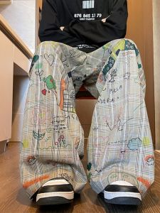 Retro Graffiti Japanese Style Mens Casual Pants Spring New Loose Wide Leg Floor Length Trousers Fashionable Couple Slim Design