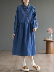 ฤดูใบไม้ผลิ แฟชั่น หลวม ผู้หญิง ผ้าฝ้าย เดรสยีนส์ กระโปรงยาวปานกลาง สไตล์เกาหลี ลำลอง เดรสเชิ้ต วินเทจ ปกโปโล หลวม เอว