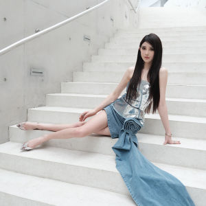 ChiclyNana สไตล์อเมริกัน เผ็ด เด็กผู้หญิง เดนิม มินิ กระโปรง เสื้อกั๊ก ดอกไม้สามมิติสูง เอว ฤดูร้อน พันรอบ กระโปรงสั้น