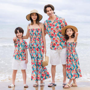 Boys Summer Beach Vacation Outfit Beach-Themed Childrens Clothing Set Floral Print Country Style Travel Parent-Child Matching