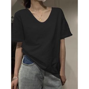 เสื้อยืดคอกลมแขนสั้นผ้าฝ้ายบางสีขาวสำหรับผู้หญิงในช่วงฤดูร้อน เสื้อเชิ้ตแขนสั้นหลวมๆ สบายๆ ทรงปกติ เสื้อผ้าทำงานสไตล์เรียบง่าย