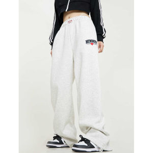 กางเกงขายาวทรงตรงลำลองสไตล์อเมริกันสำหรับผู้หญิง กางเกงขายาวทรงหลวมสีแดงเข้ม กางเกงขายาวทรงสปอร์ตแบบลำลอง ทรงหลวม สไตล์ย้อนยุค