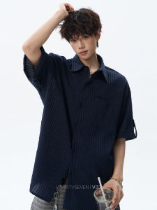 V37 | American Vintage Autumn Leisure Loose Short Sleeve Shirt Blue