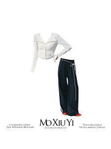 ทันสมัย สไตล์อเมริกัน ลูกไม้ เสื้อเชิ้ตลายทางประกบและผ้าเดรปกีฬา กางเกง ชุดสองชิ้น ผู้หญิง ฤดูร้อน แขนยาว ชุดสูท