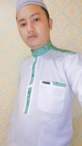 Baju koko pria muslim putih les hijau full belakang Bahan Saudi premium polyester Alghin Exclusive lengan panjang