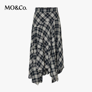 MO&Co. | Wool Silk Blend Plaid High Waist Irregular Stitched Half Skirt