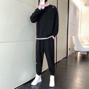 ROMON | Romon Mens Casual Sports Set Spring Autumn New Round Neck Sweatshirt Youth No Match Running Outdoor Two Piece Set Polyester Fiber