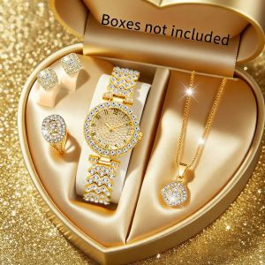 5pcs Luxury Rhinestone Womens Quartz Watch Elegant Ladies Bracelet Wristwatch Jewelry Set（Without Box）