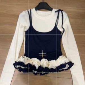 Áo Thun Cotton Modal Siêu Mềm Mại Áo Hai Mảnh Giả Màu Khối Thời Trang Hàn Quốc Áo Thun Cổ Tròn Dài Tay Mùa Hè Cho Nữ