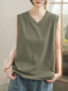 Loose Cotton V-Neck Sleeveless T-Shirt plus Size Artistic Style Summer New Casual Slimming Top Chicken Heart Neck Design