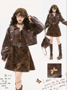 KEIKO | Áo Khoác Da Vintage Thêu Phong Cách Thu se Lạnh