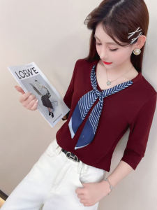 French V-neck Splice Long Sleeve Regular T-shirt Womens Base Shirt Seven Sleeve Slimming Young Matching Scarf Citywalk Casual Style Pure Cotton