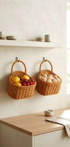Wall Mounted Rattan Storage Basket | Hanging Kitchen Organizer for Onion Garlic Potato Eggs & Vegetables