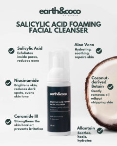 Earth & Coco Salicylic Acid Foaming Facial Cleanser 50ML Deep Cleanse Hydrates Soothes Fights Acne Unclogs Pores Strengthen Skin Barrier Removes Excess Oil
