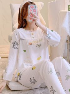 Spring Autumn New Style Womens Silk Cotton Sleepwear Summer Thin Long Sleeve Home Clothes Set Air Conditioner Suit Sweet Style Printed