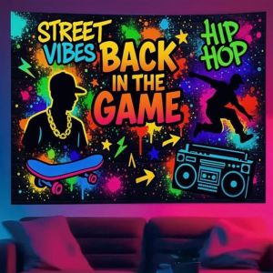 VIKAMA Street Vibes Back In Game Hip Hop Graffiti Wall Tapestry Black Colorful Paint Splash Skateboard Boombox Breakdance Soft