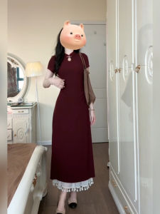 New Chinese Style Red Qipao Dress Womens Summer Casual Long Skirt Partywear Straight Cut Korean Version Polyester Fiber