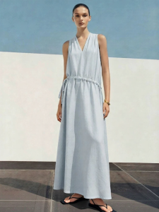 AMII | Resort Style V-Neck Rope-Bound Linen Cotton Dress