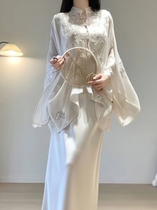 New Chinese Style Womens National Trend Loose Semi-Body Sequin Button up Top Skirt Set Spring Fashion plus Size Outfit