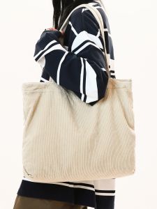 กระเป๋าสะพายไหล่ผ้าคอร์ดูรอยสไตล์วินเทจขนาดใหญ่สำหรับผู้หญิง กระเป๋าถือแบบลำลองสำหรับเดินทางในชีวิตประจำวัน กระเป๋าถือแบบมีซิป