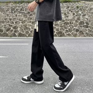 Spring Autumn Mens Loose Straight Leg Jeans Casual Long Pants Wide Leg Floor Length Trousers Washed Denim Youth Fashion