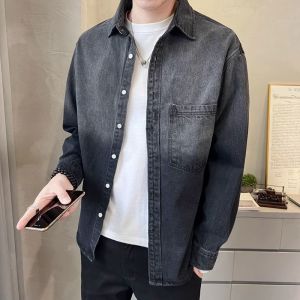 Áo Sơ Mi Denim Dài Tay Màu Khối Cho Nam Mùa Thu Áo Khoác Ngoài Rộng Rãi Thời Trang Thường Ngày Áo Sơ Mi Chất Liệu Denim