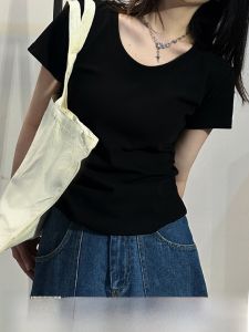 Slim Fit Short Sleeve T-Shirt Womens Black Shoulder Length Cotton Blend Elastic Comfortable Breathable Summer Top