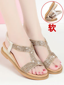 Comfortable Flat Bottom Womens Sandals Soft Bottom Wide Foot Accommodating Fashionable Casual Metal Decorated Wedge Heel