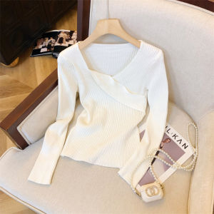 Unique Chic Irregular Sweater Womens Inner Wear Spring and Autumn Slim Fit Short Design Blouse Western Style Knitted Bottoming Shirt