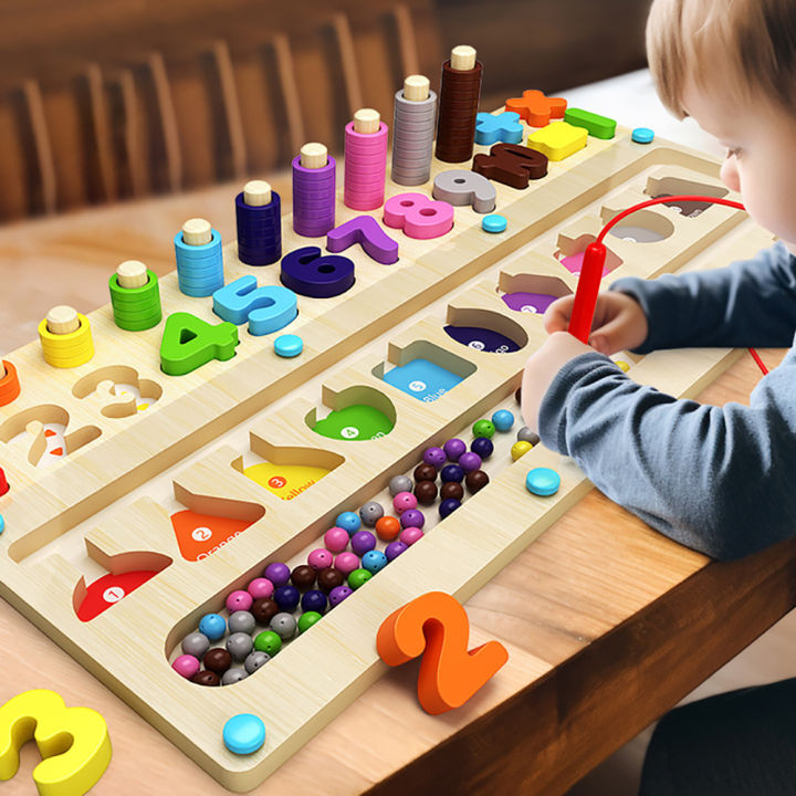 Wooden Montessori Magnetic Shape Sorting Counting Color and Number Maze ...