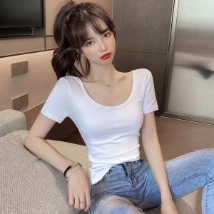 White Cotton Short Sleeve T-Shirt Womens Low Neck Design Sensation Slim Fit Base Shirt Spring Summer New Arrival Korean Style