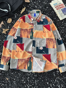 เสื้อเชิ้ตแขนยาวสไตล์ย้อนยุคสำหรับผู้ชาย ทรงหลวม สีบล็อก แฟชั่นฤดูใบไม้ร่วง ผ้าฝ้ายระบายอากาศได้ดี ความยาวปกติ