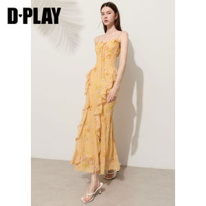 D-PLAY | Đầm Maxi Quai Dây Phong Cách Resort Viền Xòe Màu Vàng