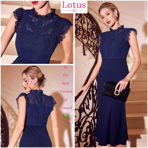 Lotus Đầm Xanh Navy Phối Ren Đẹp | Đầm Dự Tiệc Sang Trọng | Váy Dáng Dài Đi Chơi Đi Làm Công Sở | Đầm Sát Nách Dáng Ôm Body