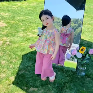 สาวชุดฤดูร้อนเด็กใหม่เด็กฤดูร้อนหวานดอกไม้กว้างขากางเกงสองชิ้น