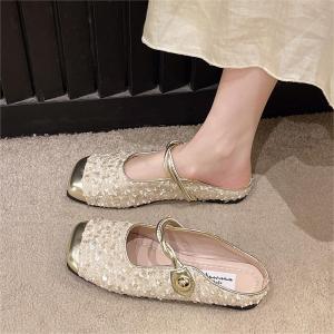 Shiny Sequin Fabric Mary Jane Flat Heel Sandals Womens Half Slippers Low Heel Rubber Outsole Daily Wear Korean Style Sandals