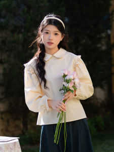 เสื้อเชิ้ตคอตุ๊กตาแขนยาวสไตล์ฝรั่งเศส ทรงหลวม ผ้าฝ้ายผสมไนลอน ปกติ ฤดูใบไม้ร่วง 2025 เสื้อเชิ้ตคอกลม